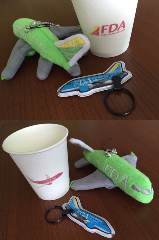 FDA LED ライトキーホルダー(ライトブルー)、飛行機ぬいぐるみ(ティーグリーン)、紙コップ。 FDA LED ライトキーホルダー(ライトブルー)、飛行機ぬいぐるみ(ティーグリーン)、紙コップ。