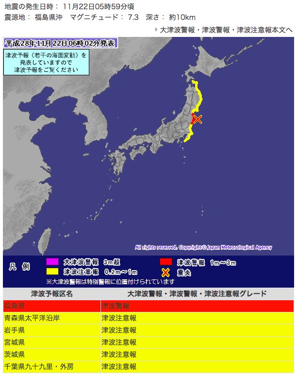 福島県に6時10分、3メートルの津波 到達予想。 気象庁 | 大津波警報・津波警報・津波注意報、津波情報、津波予報 福島県に6時10分、3メートルの津波 到達予想。 気象庁 | 大津波警報・津波警報・津波注意報、津波情報、津波予報