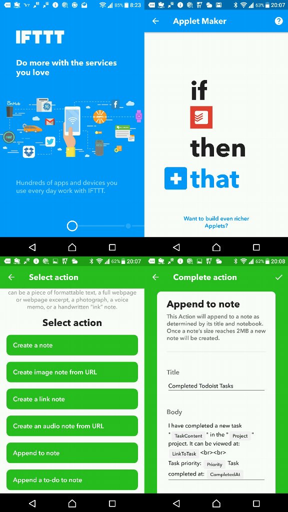 Todoist のタスクを完了したら IFTTT 経由で Evernote に書き込みたいんだけど、ノート名が固定でしか指定できないのがつらい。しかも2MBまでテキストが延々と書き込まれるノートになるし。日付ごとにノートを作ることができるといいのに。自前でAPI叩くしかないのか。 Todoist のタスクを完了したら IFTTT 経由で Evernote に書き込みたいんだけど、ノート名が固定でしか指定できないのがつらい。しかも2MBまでテキストが延々と書き込まれるノートになるし。日付ごとにノートを作ることができるといいのに。自前でAPI叩くしかないのか。
