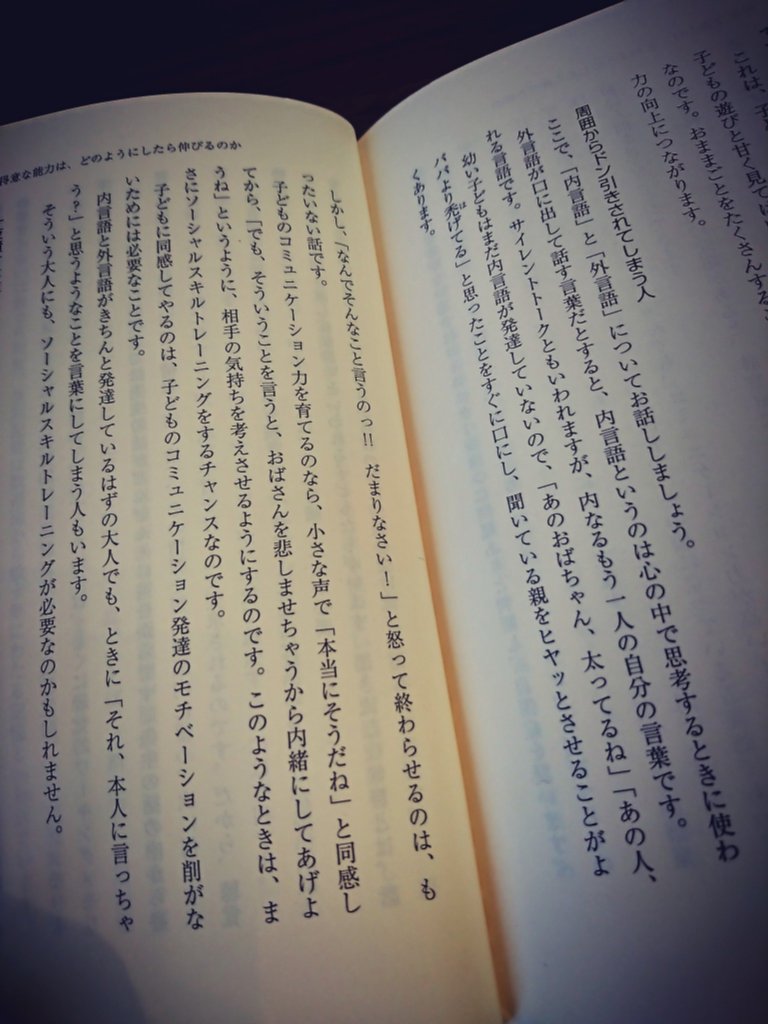 心の中で思考するときに使われる内言語。幼い子どもは内言語が発達していないので、思っていることをすぐに口にする。相手の気持ちを考えさせるようにする。ソーシャルスキルトレーニング。 医師のつくった「頭のよさ」テスト | 本田 真美 心の中で思考するときに使われる内言語。幼い子どもは内言語が発達していないので、思っていることをすぐに口にする。相手の気持ちを考えさせるようにする。ソーシャルスキルトレーニング。 医師のつくった「頭のよさ」テスト | 本田 真美