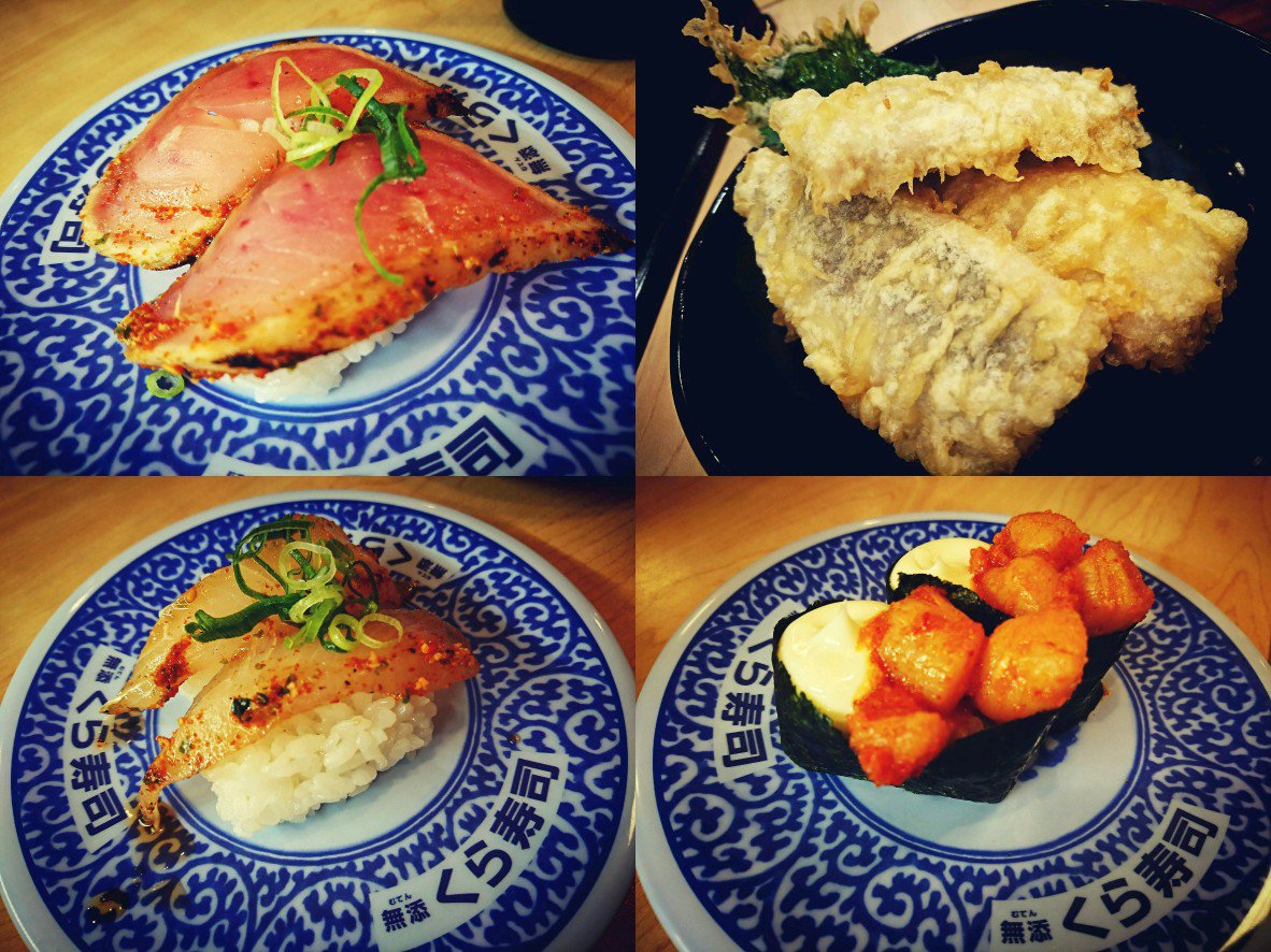 くら寿司。まぐろたたき七味醤油漬け、天然ボラ七味醤油漬け、あじ天盛り、明太小柱。 天婦羅うまい(・∀・) くら寿司。まぐろたたき七味醤油漬け、天然ボラ七味醤油漬け、あじ天盛り、明太小柱。 天婦羅うまい(・∀・)