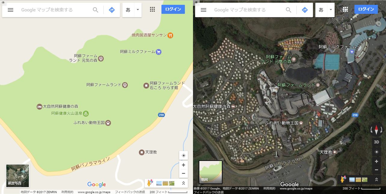 Google マップで阿蘇ファームランドの地図を見てもさっぱりわからん。建物も道も載っていない(;´Д`) 航空写真を見るとなんとなく建物の位置がわかる。道はわからないなぁ。。。 Google マップ Google マップで阿蘇ファームランドの地図を見てもさっぱりわからん。建物も道も載っていない(;´Д`) 航空写真を見るとなんとなく建物の位置がわかる。道はわからないなぁ。。。 Google マップ