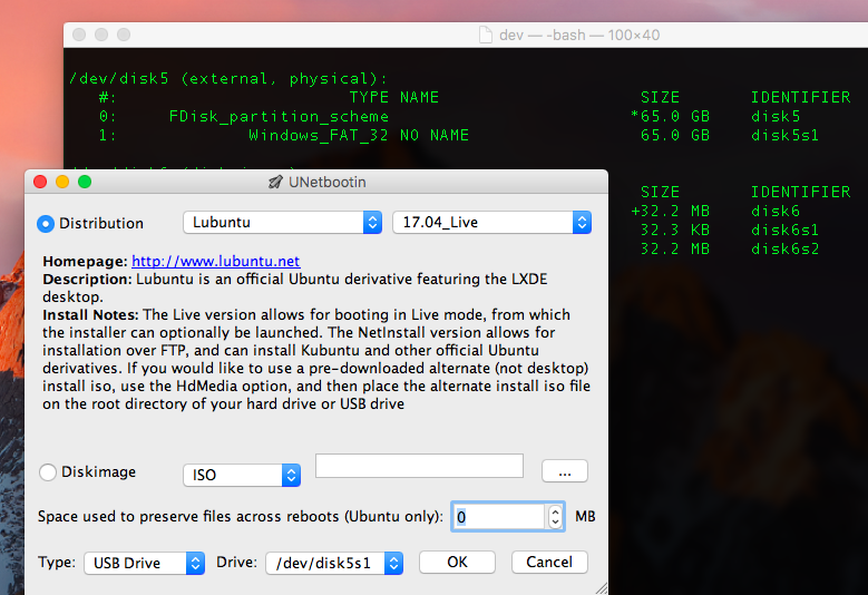 macOS にインストールした UNetbootin で 64GB の USB メモリに Lubuntu 17.04_Live (たぶん32ビット版) をインストールしてみる。 macOS にインストールした UNetbootin で 64GB の USB メモリに Lubuntu 17.04_Live (たぶん32ビット版) をインストールしてみる。