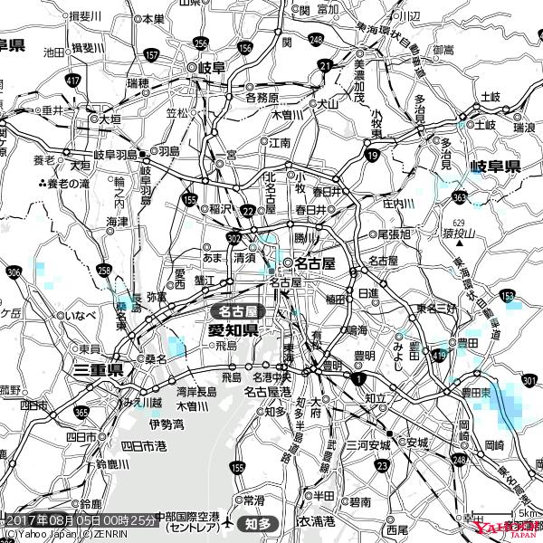 名古屋の天気(雨) 降水強度: 0.75(mm/h)  2017年08月05日 00時25分の雨雲  #雨雲bot #bot 