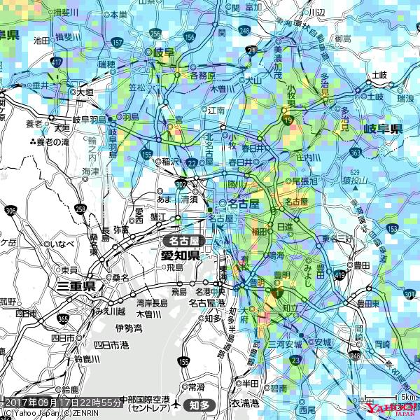 名古屋の天気(雨): やや強い雨 降水強度: 17.50(mm/h) 2017年09月17日 22時55分の雨雲 #雨雲bot #bot 名古屋の天気(雨): やや強い雨 降水強度: 17.50(mm/h) 2017年09月17日 22時55分の雨雲 #雨雲bot #bot
