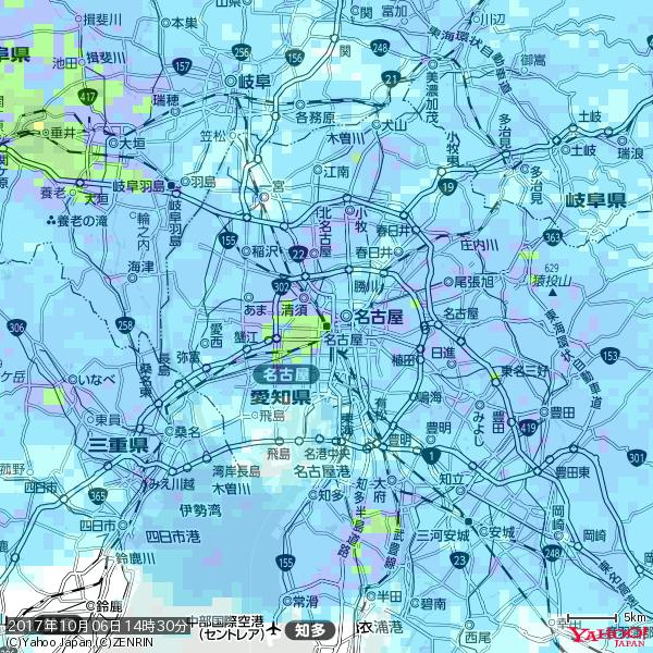 名古屋の天気(雨): やや強い雨 降水強度: 15.50(mm/h)  2017年10月06日 14時30分の雨雲  #雨雲bot #bot 
