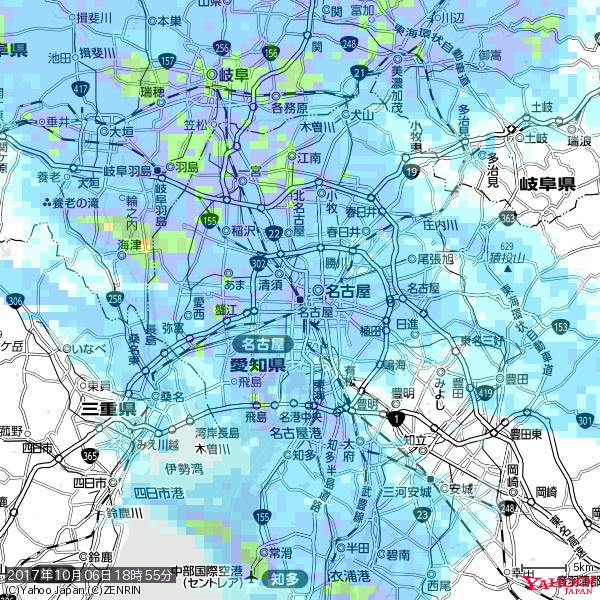 名古屋の天気(雨) 降水強度: 9.75(mm/h)  2017年10月06日 18時55分の雨雲  #雨雲bot #bot 