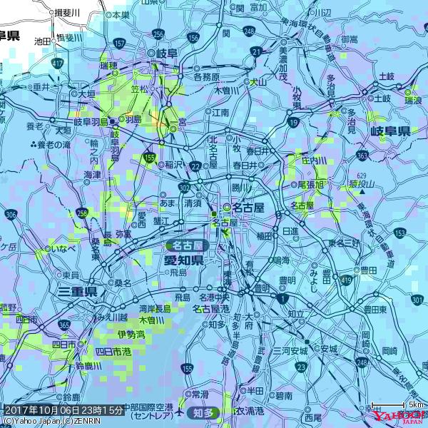 名古屋の天気(雨): やや強い雨 降水強度: 13.50(mm/h)  2017年10月06日 23時15分の雨雲  #雨雲bot #bot 