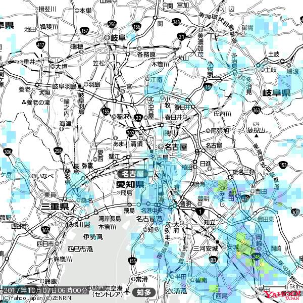 名古屋の天気(雨) 降水強度: 1.95(mm/h)  2017年10月07日 06時00分の雨雲  #雨雲bot #bot 