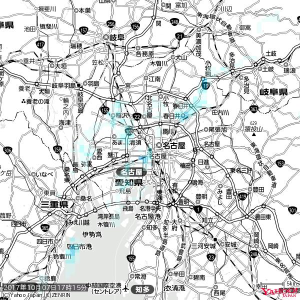 名古屋の天気(雨) 降水強度: 1.95(mm/h)  2017年10月07日 17時15分の雨雲  #雨雲bot #bot 