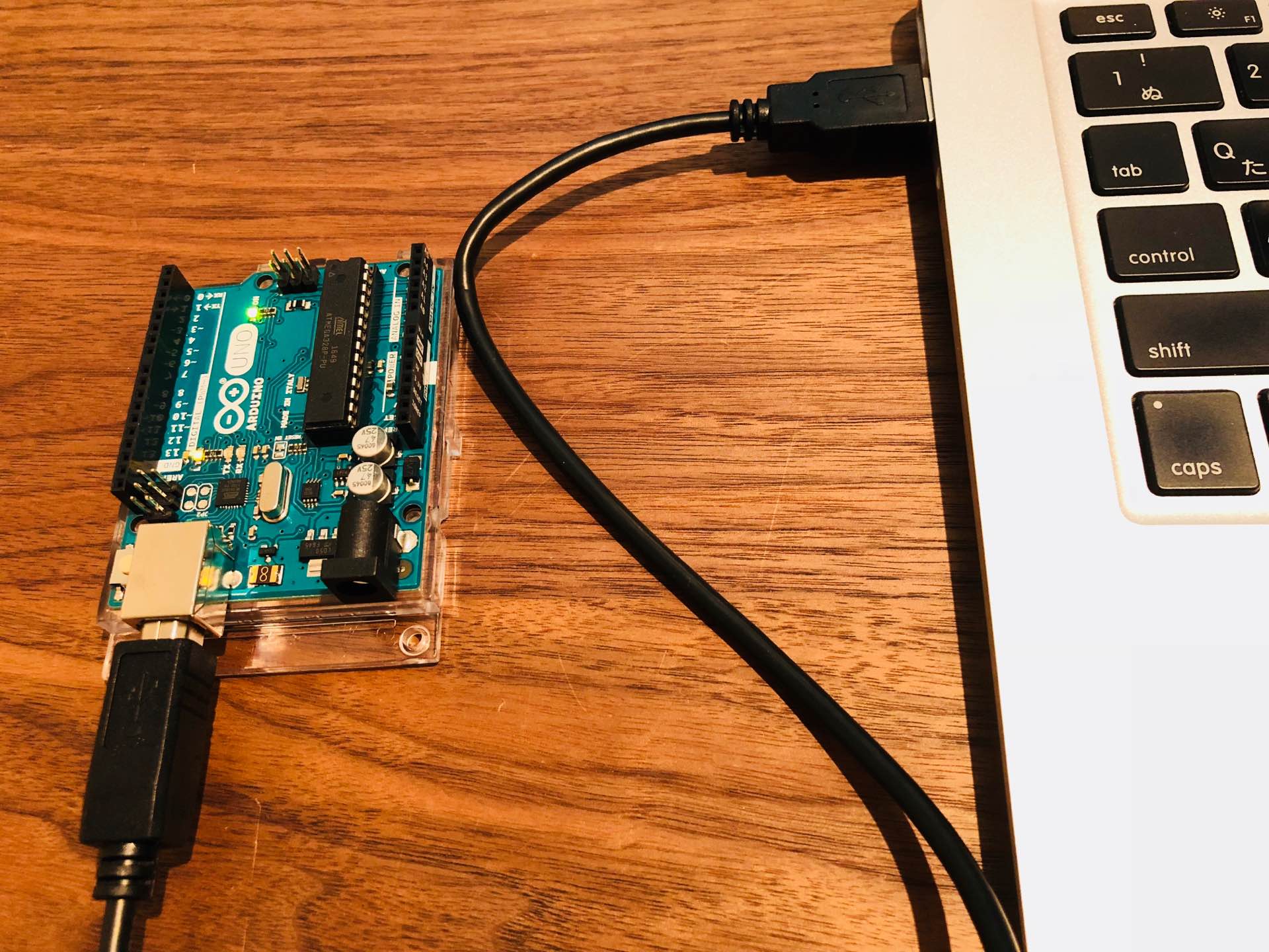 Arduino Uno と Mac を USB ケーブルで接続。Arduino Uno ボードの ON ランプが点灯、L ランプが点滅。 Arduino Uno と Mac を USB ケーブルで接続。Arduino Uno ボードの ON ランプが点灯、L ランプが点滅。