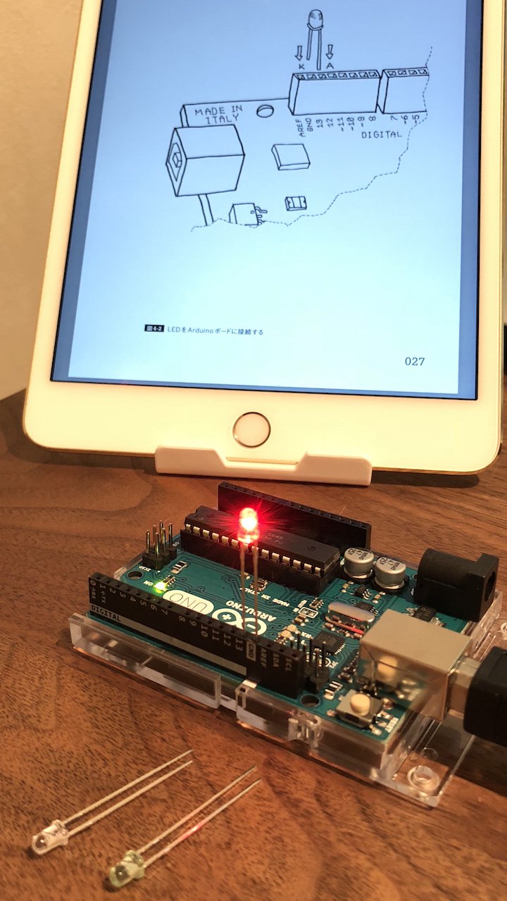 Arduino Uno に LED を差し込んで点滅させる。 13番ピン (プラス側) の穴にLEDの長いリード線 (アノード Anode) を挿して、 隣のGND (マイナス側) の穴にLEDの短いリード線 (カソード Kathode) を挿した。 Arduino Uno に LED を差し込んで点滅させる。 13番ピン (プラス側) の穴にLEDの長いリード線 (アノード Anode) を挿して、 隣のGND (マイナス側) の穴にLEDの短いリード線 (カソード Kathode) を挿した。