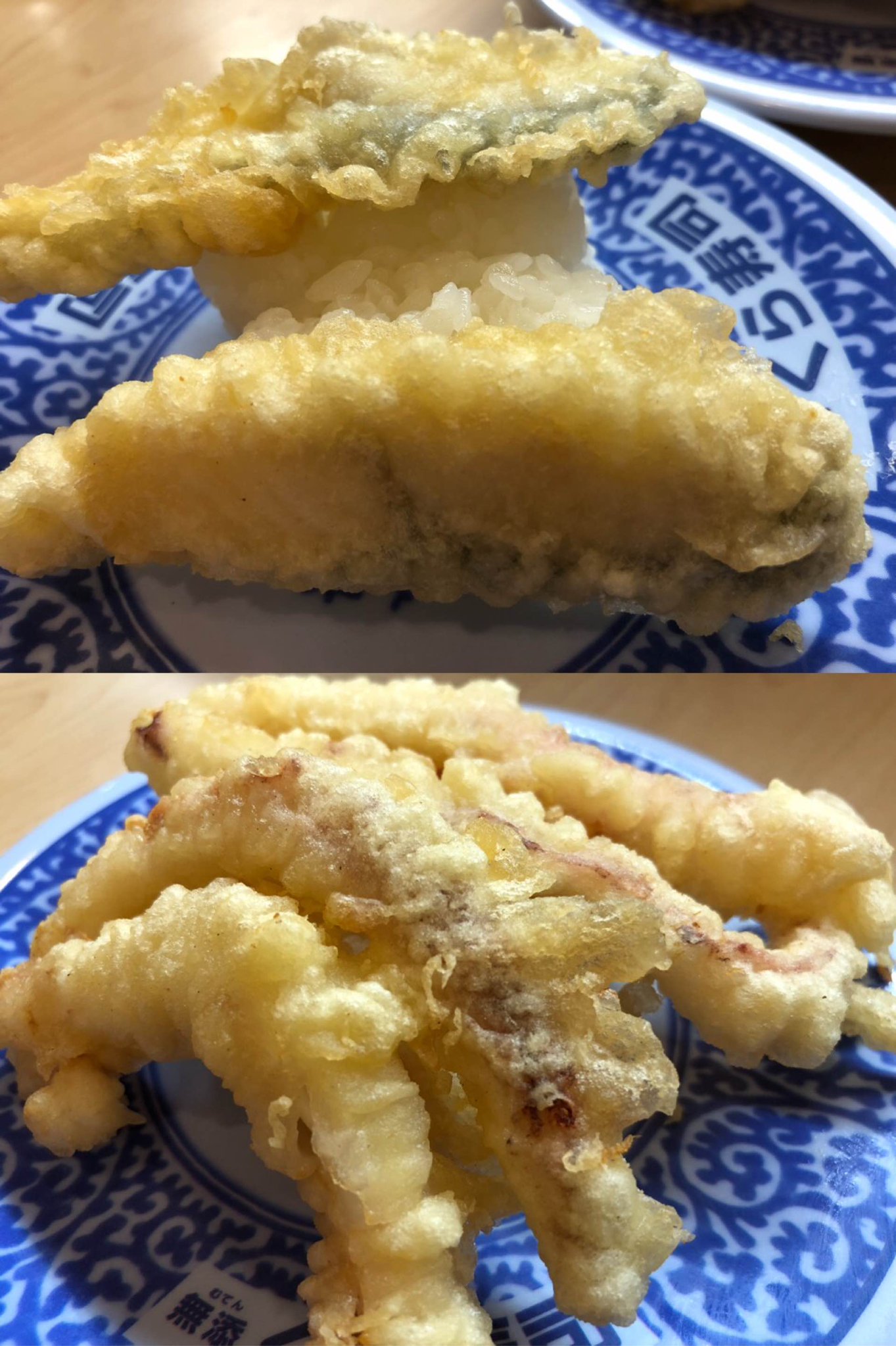 天然サワラ天寿司 vs いかげそ天寿司 at くら寿司 天然サワラ天寿司 vs いかげそ天寿司 at くら寿司