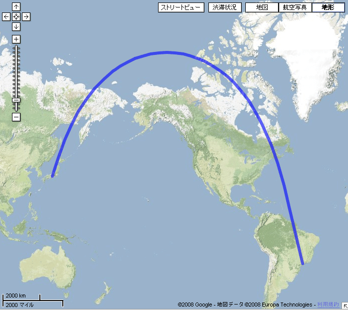 日本とブラジルの最短コース