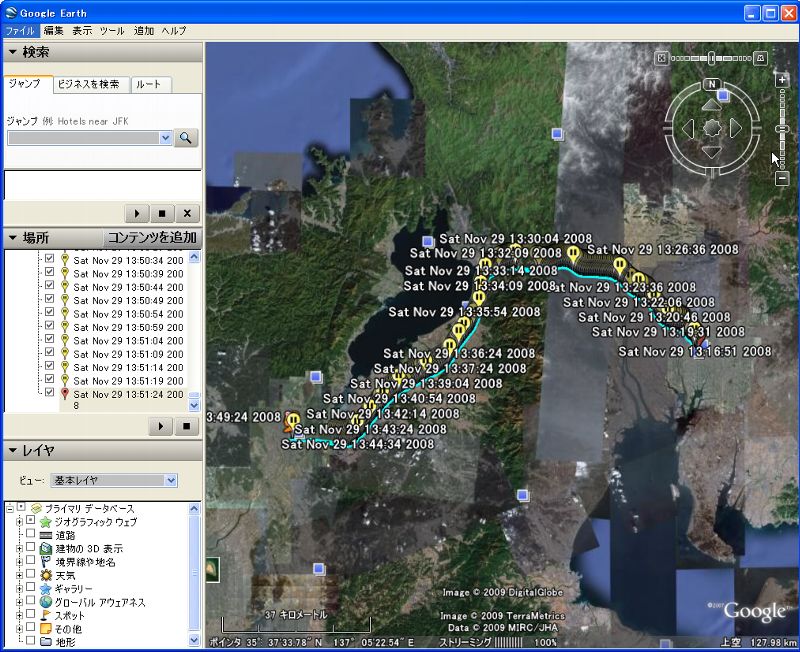 Google Earth 2008年11月29日のぞみ25号 名古屋(13:15)発 京都(13:50)着 GPSデータ