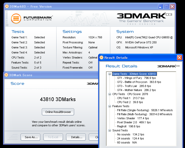3DMark03 ベンチマーク Prime Galleria QH (Palit NE3TS250FHD52 GeForce GTS 250)