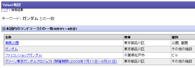 Yahoo!地図で「ガンダム」を検索するとお台場ガンダム