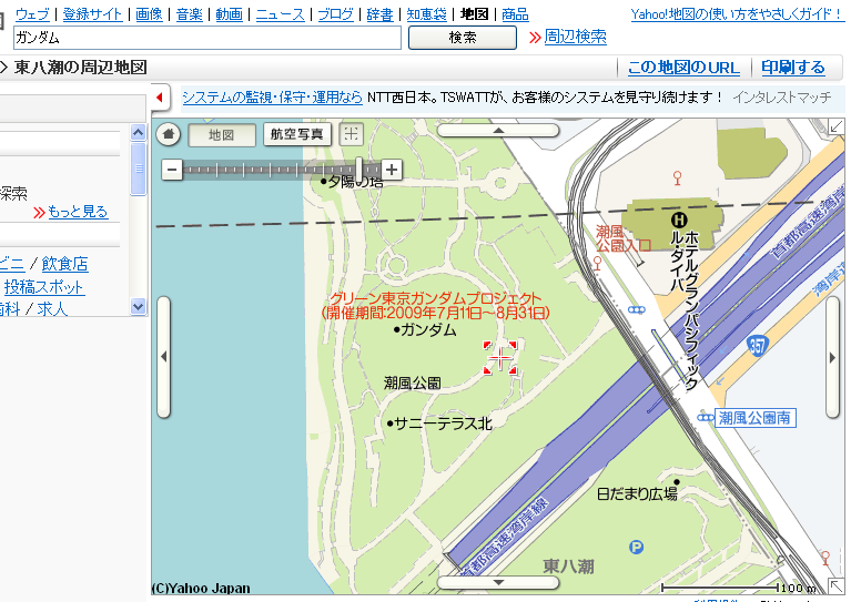 Yahoo!地図で「ガンダム」を検索するとお台場ガンダム
