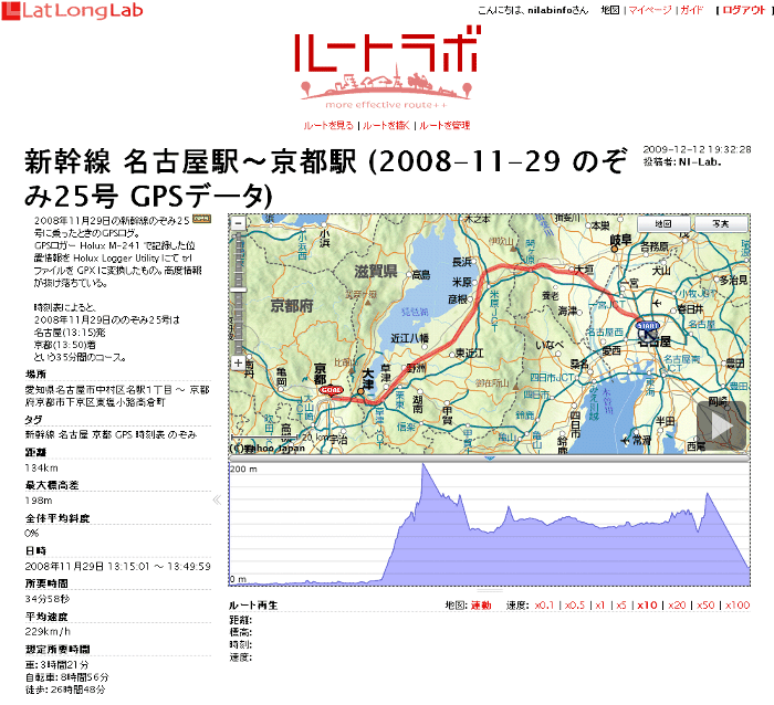 新幹線 名古屋駅～京都駅 (2008-11-29 のぞみ25号 GPSデータ) - ルートラボ - LatLongLab