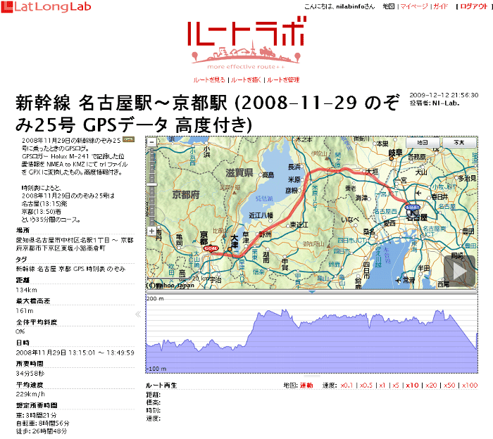 新幹線 名古屋駅～京都駅 (2008-11-29 のぞみ25号 GPSデータ 高度付き) - ルートラボ - LatLongLab